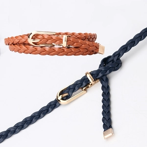 Women Korean Style Braided PU Leather Belt Candy Color Thin Decorative Waist Belt With Gold Alloy Buckle For Dress Casual
