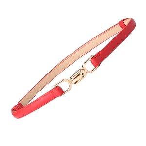 Elegant red leather waist belt with polished gold overlapping buckle for dresses and suits