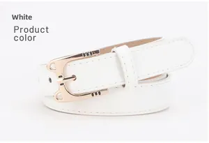 Detail of white leather belt showing polished light gold alloy buckle and neat stitching