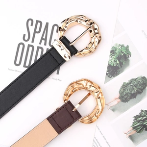 Women's chic leather belts with large golden hammered round buckles in black and brown