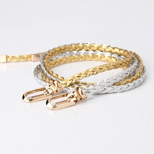 Fashionable braided waist belts for women in metallic gold and silver with U-shaped buckles