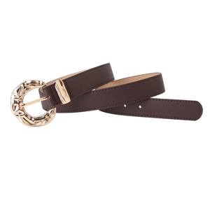 Women's dark brown leather belt featuring a unique gold irregular lava texture metal buckle