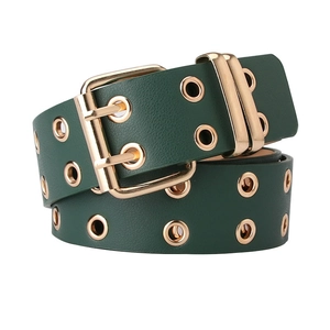 Dark green leather belt with double prong gold buckle and two rows of eyelets
