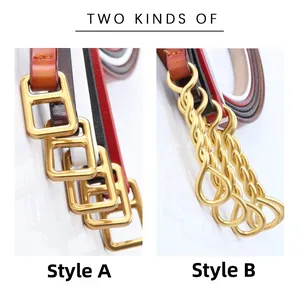 Detail view of genuine leather belts with golden H-shape and twisted rope buckles