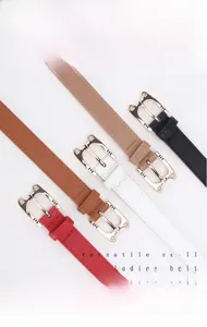 Detail of colorful women thin belts with cat-shaped gold alloy buckles in five colors