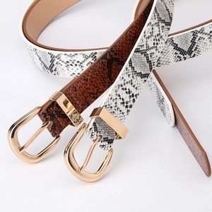 Women's faux snake skin belt set with gold metal buckles in brown and monochrome