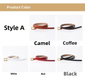 Five assorted leather belts in various colors with classic gold rectangular metal buckles