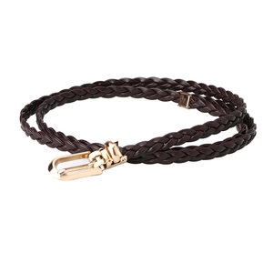 Women's slim braided waist belt in dark brown with a round polished gold buckle