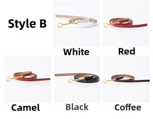 Detail view of thin cowhide leather belts with elegant golden buckles in five classic colors