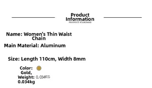 Detailed spec sheet for a gold aluminum chain belt showing dimensions 110cm by 8mm
