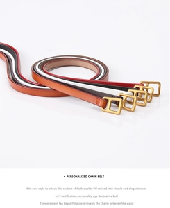Assorted slim leather belts for women in five colors with elegant gold buckles