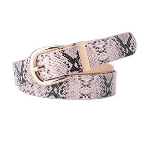 Pink gray snakeskin pattern faux leather belt with golden metal pin buckle for women
