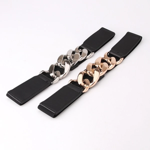Ceinture Corset Élastique Mode pour Femme Large Bande de Taille Grande Boucle Chaîne en Métal Or Argent Fermeture à Pression Ceinture Décorative
