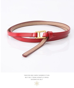Close-up of red leather belt with golden H-shaped buckle on a clean white background