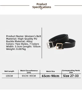 Detailed size chart for women's PU leather belt featuring 3.5CM width and alloy buckle