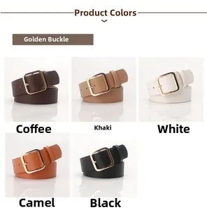 Detailed display of square golden buckle belts available in five versatile colors for women