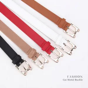 Five thin faux leather belts with golden cat-shaped buckles in assorted classic colors