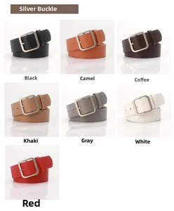 Detail showing seven color options for this minimalist women's belt with silver square buckle