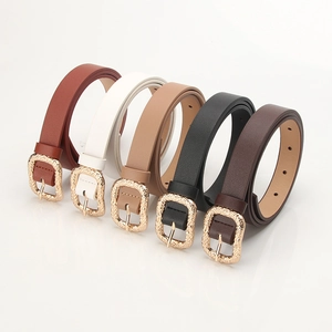 Women's stylish leather belts with vintage square gold hammered buckles in five colors
