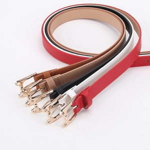 Set of five colorful thin leather belts for women with stylish golden cat head alloy buckles