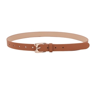 Brown slim leather belt featuring a cute gold cat-shaped buckle for women's jeans