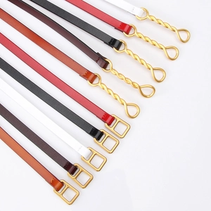 Slim genuine leather belts for women with twist and square gold buckles in four colors