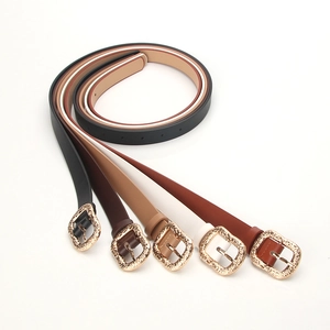 Five assorted colors of slim leather belts for women with vintage golden buckles