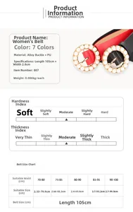 Detailed size chart and technical specifications for women's pearl buckle leather belt