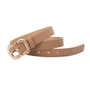 Fashionable brown leather belt for women with a vintage golden engraved square buckle