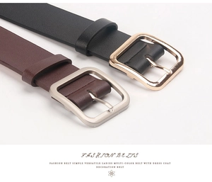 Close-up of elegant ladies' belts in black and brown with square metal buckle detail