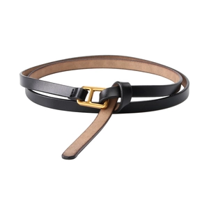 Classic black leather belt for women with minimalist golden rectangle buckle on white backdrop