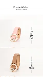 Pink and khaki PU leather belts featuring round metal buckles with elegant white pearl inlay