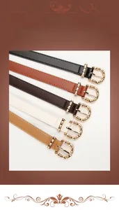Detail of five assorted women's PU leather belts with vintage bamboo-style buckles
