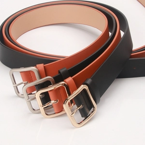 Classic leather belts in black and caramel with gold and silver square metal buckles