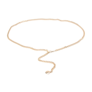 Golden metal chain belt for women with flat links, lobster clasp and round pendant