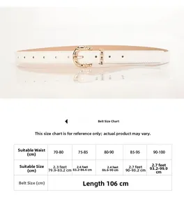 Detailed size chart for women's bamboo buckle faux leather belt showing 106cm length guide