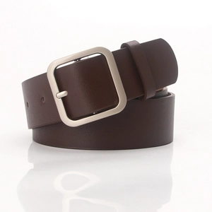 Minimalist dark brown leather belt for women with elegant matte silver square metal buckle