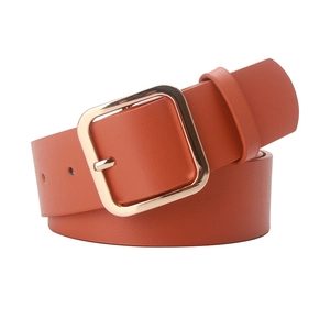 Caramel brown women's leather belt with a minimalist golden square buckle on white background