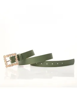 Close-up of olive green PU leather belt featuring a rectangle gold buckle with rhinestones