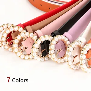Elegant skinny belt for women with golden round pearl buckle available in 7 stylish colors