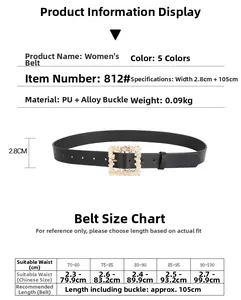 Detailed size chart and specifications for the rhinestone buckle leather dress belt