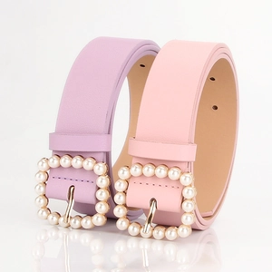 Elegante cintura da donna in pelle PU con fibbia quadrata dorata e perle in colori pastello