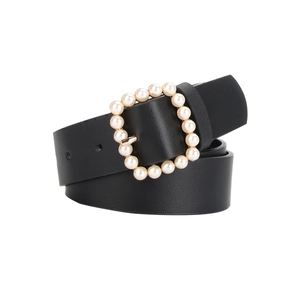 Elegante cintura in pelle PU nera da donna con fibbia rettangolare decorata con perle