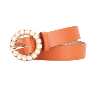 Women's orange leather belt with gold round buckle and elegant pearl embellishments
