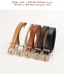Detail view of five colors of slim PU leather belts with golden oval pin buckles
