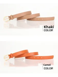 Details von khakifarbenen und camelfarbenen dünnen PU-Ledergürteln mit Goldschnallen