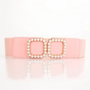 Cintura elastica rosa da donna con elegante fibbia quadrata dorata con perle per abiti