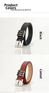 Detail of black and camel leather belts with three decorative silver metal rings