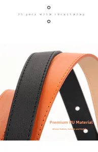Makro-Detail der hochwertigen PU-Lederstruktur und Nähte an schwarzen und orangen Gürteln