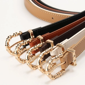 Women's slim PU leather belt with vintage golden bamboo style buckle in five colors